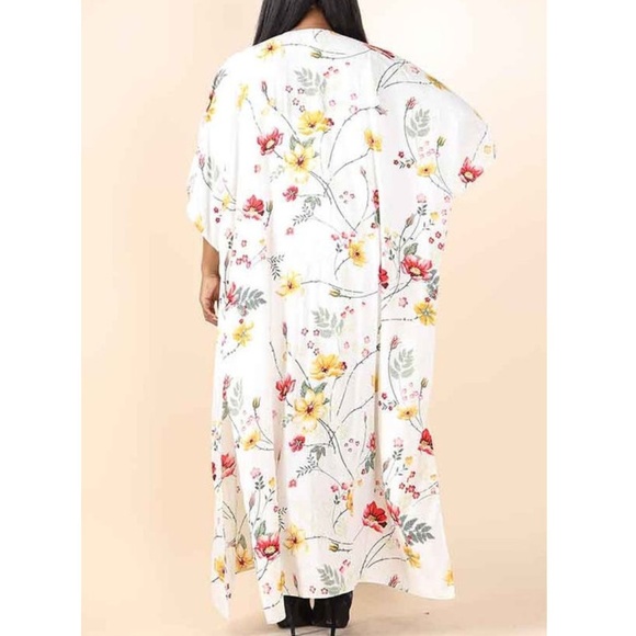 White Floral Kimono Cardigan Duster Maxi Tunic - Picture 3 of 5